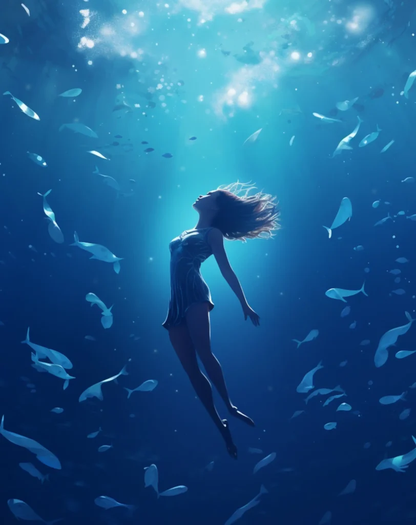 Persona flotando en el océano rodeada de peces, simbolizando la calma y la conexión con la naturaleza a través de la apnea.