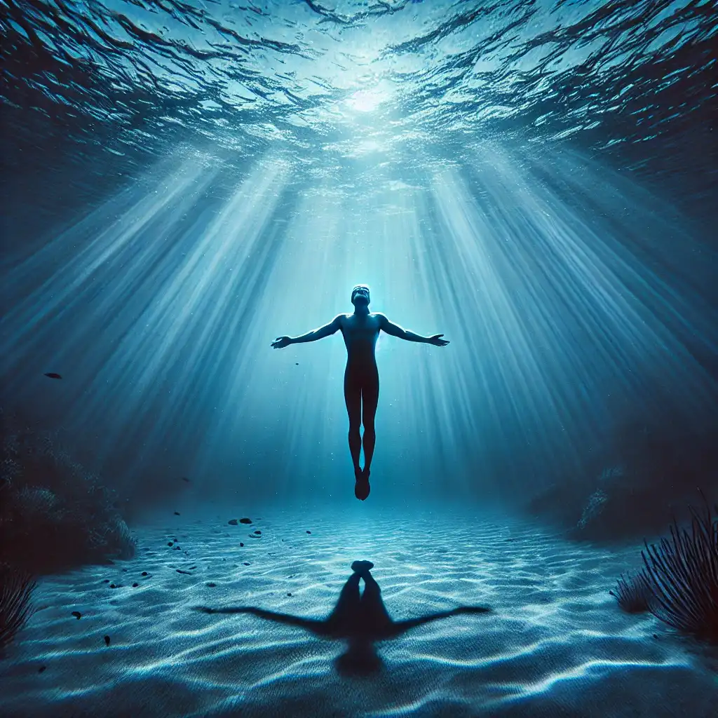Imagen de un buceador flotando en aguas profundas, con los brazos abiertos, bajo los rayos de luz que atraviesan el océano, simbolizando la superación de miedos a través de la apnea y la conexión con la tranquilidad del entorno marino.
