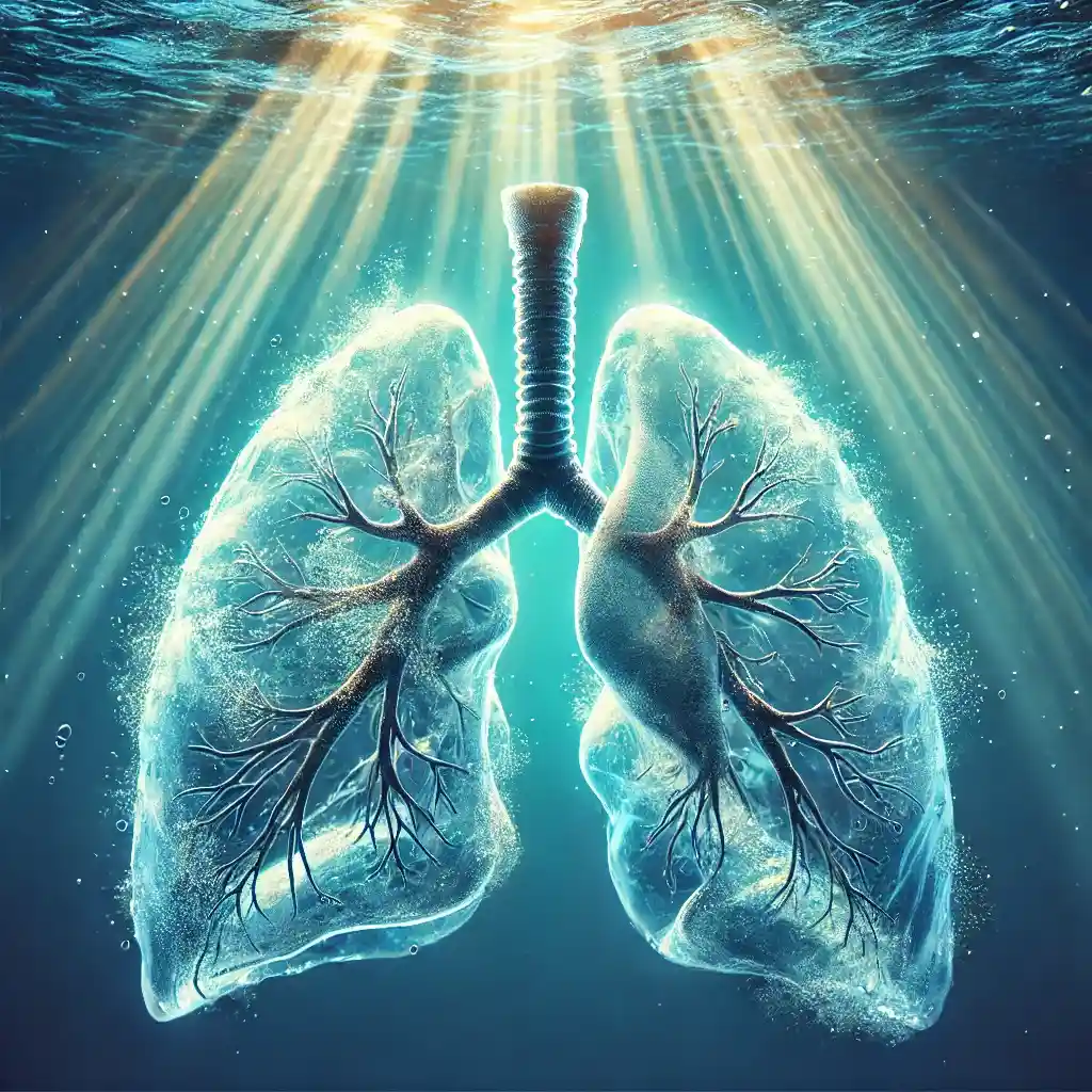 Ilustración de pulmones transparentes bajo el agua, iluminados por rayos de sol, simbolizando los beneficios de la apnea para la capacidad respiratoria.